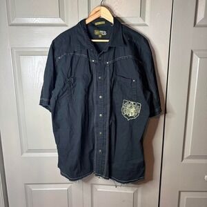 Franky Max Mens XXL Y2K Grunge Button Up Shirt Navy Blue Skater Darkage Graphic
